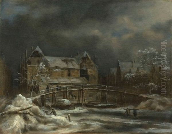 A Winter Landscape With A View Of A Town And Wooden Bridge - view 1