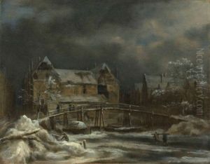 A Winter Landscape With A View Of A Town And Wooden Bridge by Jacob Van Ruisdael