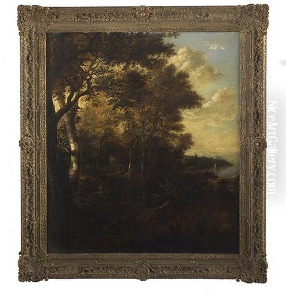 Figures On A Wooded Path, Sailboats And A Church Spire In The Distance - view 1