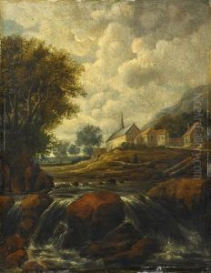 Landschaft Mit Wasserfall Und Kirche by Jacob Van Ruisdael