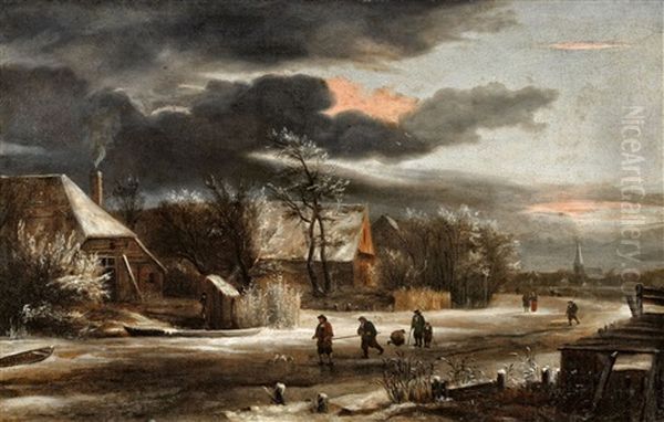 Winter Landscape With A Village And Frozen Canal - view 1