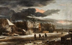 Winter Landscape With A Village And Frozen Canal by Jacob Van Ruisdael