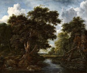 Wooded Landscape With Hunters And A River by Jacob Van Ruisdael