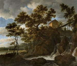 Landscape With A Waterfall, Cottage, And Bridge by Jacob Van Ruisdael