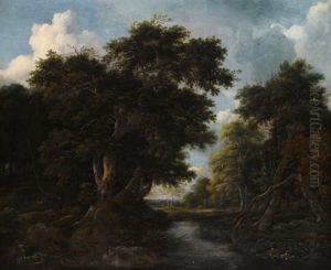 A Forest Landscape With A River And A Shepherd On A Mossy Path by Jacob Van Ruisdael