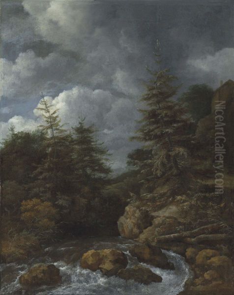 A River Landscape With Fir Trees By A Cascade - view 1