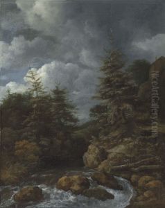 A River Landscape With Fir Trees By A Cascade