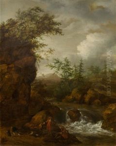 A Mountain Landscape With Waterfall And Figures by Jacob Van Ruisdael