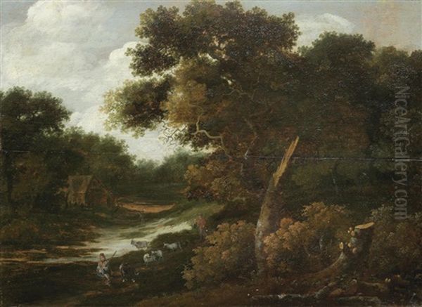 A Wooded Landscape With A Drover And His Herd - view 1