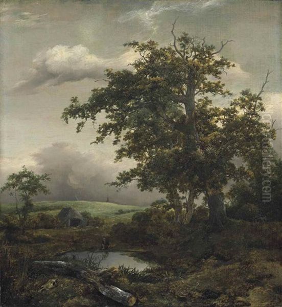 A Wooded Landscape With A Man At Rest By A Pond Near A Hut, A Windmill Beyond - view 1