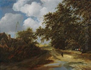 A Wooded Landscape With A Traveller And A Village Beyond by Jacob Van Ruisdael