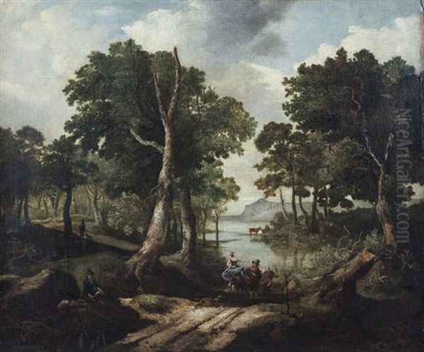 A Wooded Landscape With Figures By A Lake - view 1