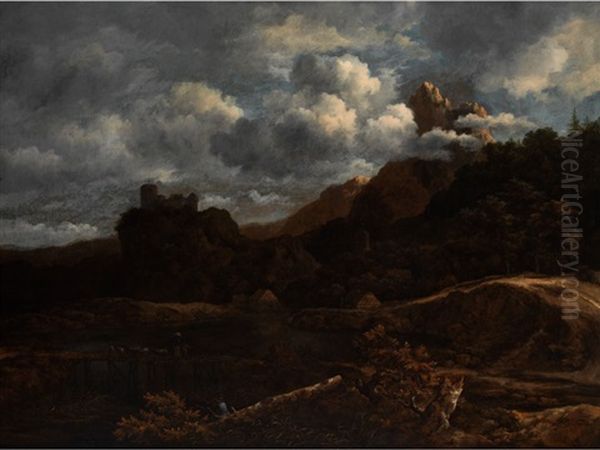 Flusslandschaft Mit Holzbrucke, Felsigen Hohenzugen Und Erhoht Stehender Burganlage - view 1