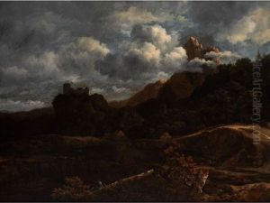 Flusslandschaft Mit Holzbrucke, Felsigen Hohenzugen Und Erhoht Stehender Burganlage