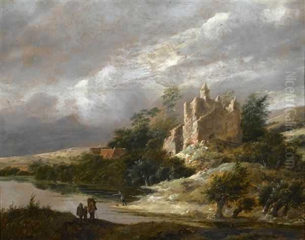 Figures Walking By A River With A Ruined Castle Beyond - view 1