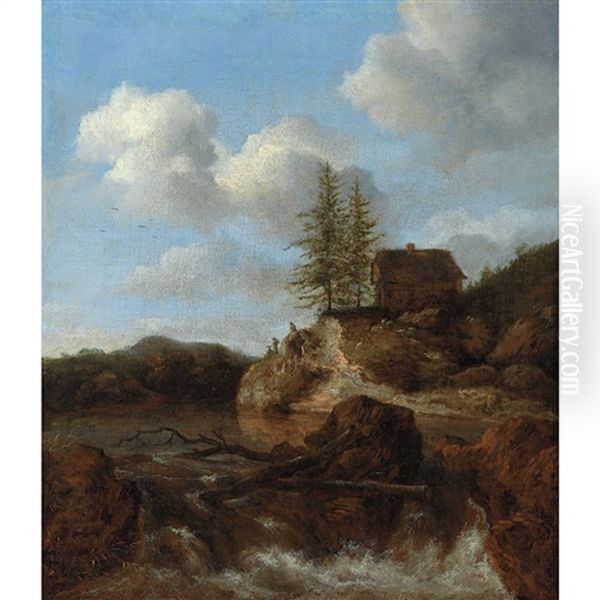 A Scandinavian Landscape, With Figures Overlooking A Torrent - view 1