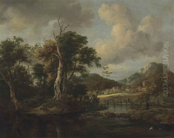 A Wooded River Landscape With Figures Crossing A Bridge - view 1