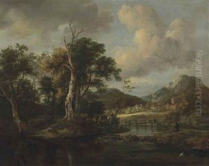 A Wooded River Landscape With Figures Crossing A Bridge