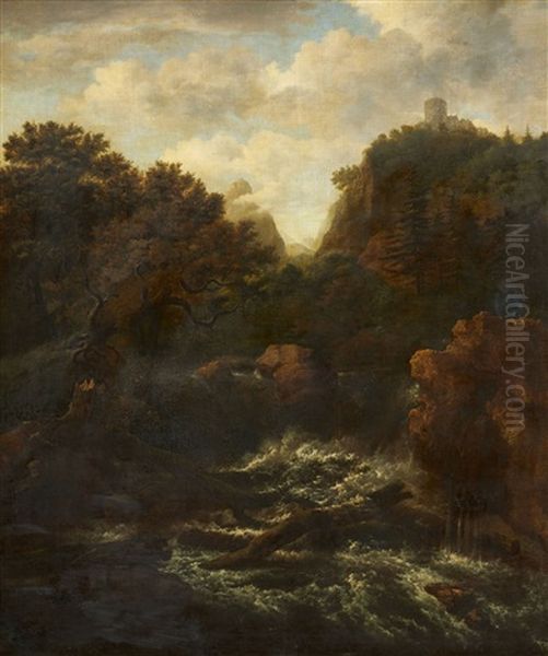 Mountainous Landscape With A Waterfall And A Castle - view 1