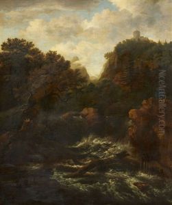 Mountainous Landscape With A Waterfall And A Castle by Jacob Van Ruisdael