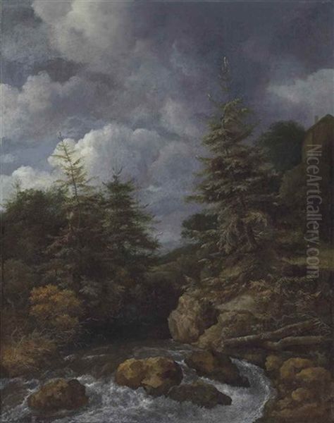 A River Landscape With Fir Trees By A Cascade, With A Figure On A Path Below A House On An Escarpment - view 1