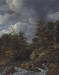 A River Landscape With Fir Trees By A Cascade, With A Figure On A Path Below A House On An Escarpment