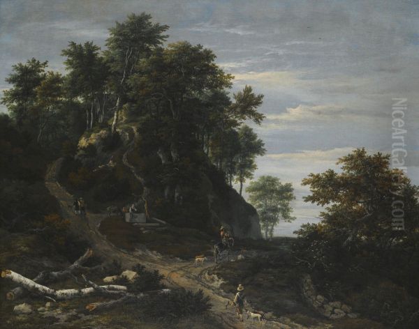 Hilly Wooded Landscape With A Falconer And A Horseman - view 1