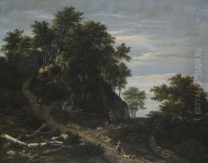 Hilly Wooded Landscape With A Falconer And A Horseman by Jacob Van Ruisdael