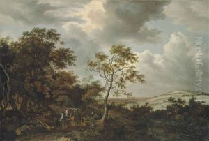 A Wooded River Landscape With Travellers In A Wagon Being Attacked By Bandits, A Village With A Church Beyond by Jacob Van Ruisdael