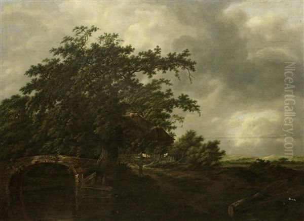 Landscape With A Brick Bridge Over A Canal With A Cottage Under Lofty Oaks - view 1