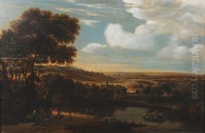 Figures In An Extensive Landscape, Boating Party In The Foreground, With A Village In The Distance by Jacob Van Ruisdael