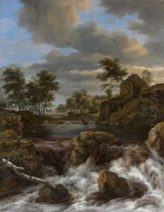 Chute D'eau Dans Un Paysage Avec Deux Pecheurs