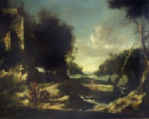 Overview With Hunters On A Wooded Road by Jacob Van Ruisdael