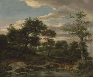 A Wooded Landscape With A Shepherd Watering His Flock by Jacob Van Ruisdael