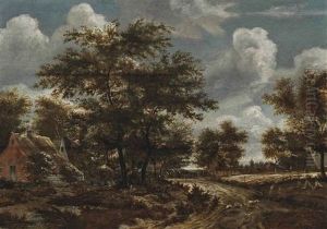 A Wooded Landscape With A Shepherd And His Flock On A Track by Jacob Van Ruisdael
