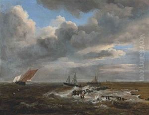 An Estuary With Smalschips And A Galjoot In Choppy Waters, A Village With A Church Beyond by Jacob Van Ruisdael