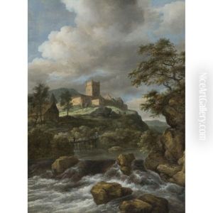 Waterfall With A Castle Beyond, Travellers On A Footbridge Nearby