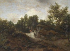 Bewaldete Landschaft Mit Zwei Personen Und Einem Hund Auf Einem Sandweg by Jacob Van Ruisdael