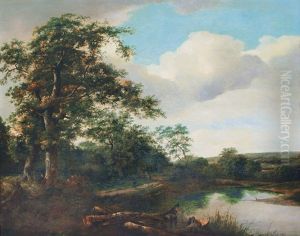 Landscape With A Pond In A Forest And An Angler by Jacob Van Ruisdael