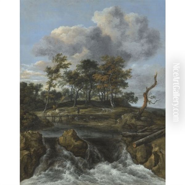 A River Landscape With A Man Crossing A Bridge Above A Waterfall, A Stand Of Oaks Beyond - view 1