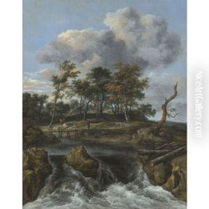 A River Landscape With A Man Crossing A Bridge Above A Waterfall, A Stand Of Oaks Beyond