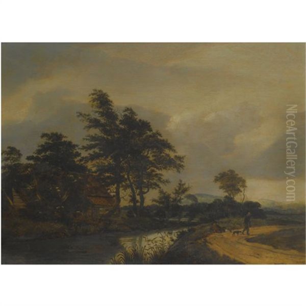 A Landscape With Buildings Near A River, Two Figures And A Dog On A Road - view 1