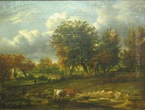 A Wooded Landscape With Cattle And Sheep Watering - view 1