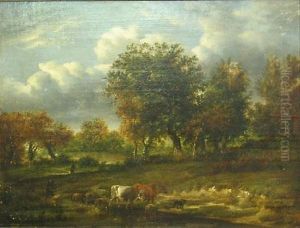 A Wooded Landscape With Cattle And Sheep Watering by Jacob Van Ruisdael