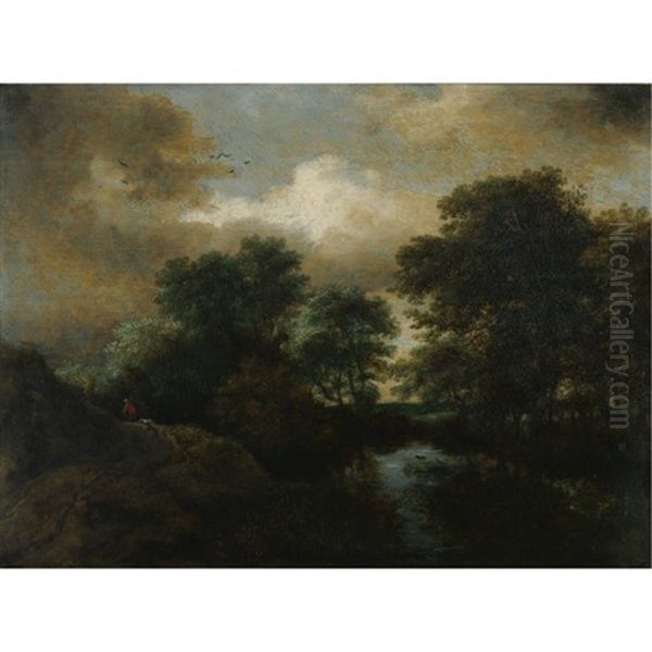 A Wooded Landscape With A Pool And A Peasant With His Dogs On A Rise - view 1