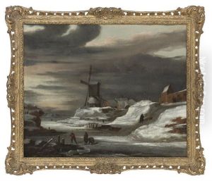 A Frozen River Landscape With Figures Resting By A Track, A Windmill Beyond by Jacob Van Ruisdael