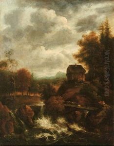 A Wooded River Landscape With A Waterfall And A Shepherd With His Flock Crossing A Bridge by Jacob Van Ruisdael