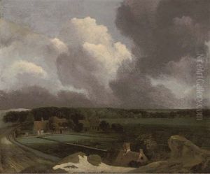 An Extensive Landscape With Farmhouses And Figures In A Bleaching Ground An Extensive Landscape With Farmhouses And Figures In A Bleaching Ground