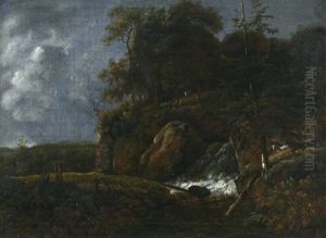 Felsige Waldlandschaft Mit Kleinem Wasserfall by Jacob Van Ruisdael