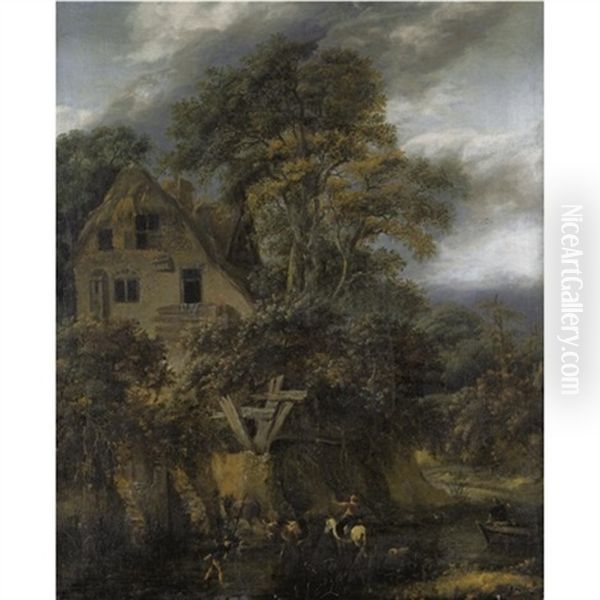 Landscape With Drovers Watering Their Animals Beside River Before A Cottage - view 1